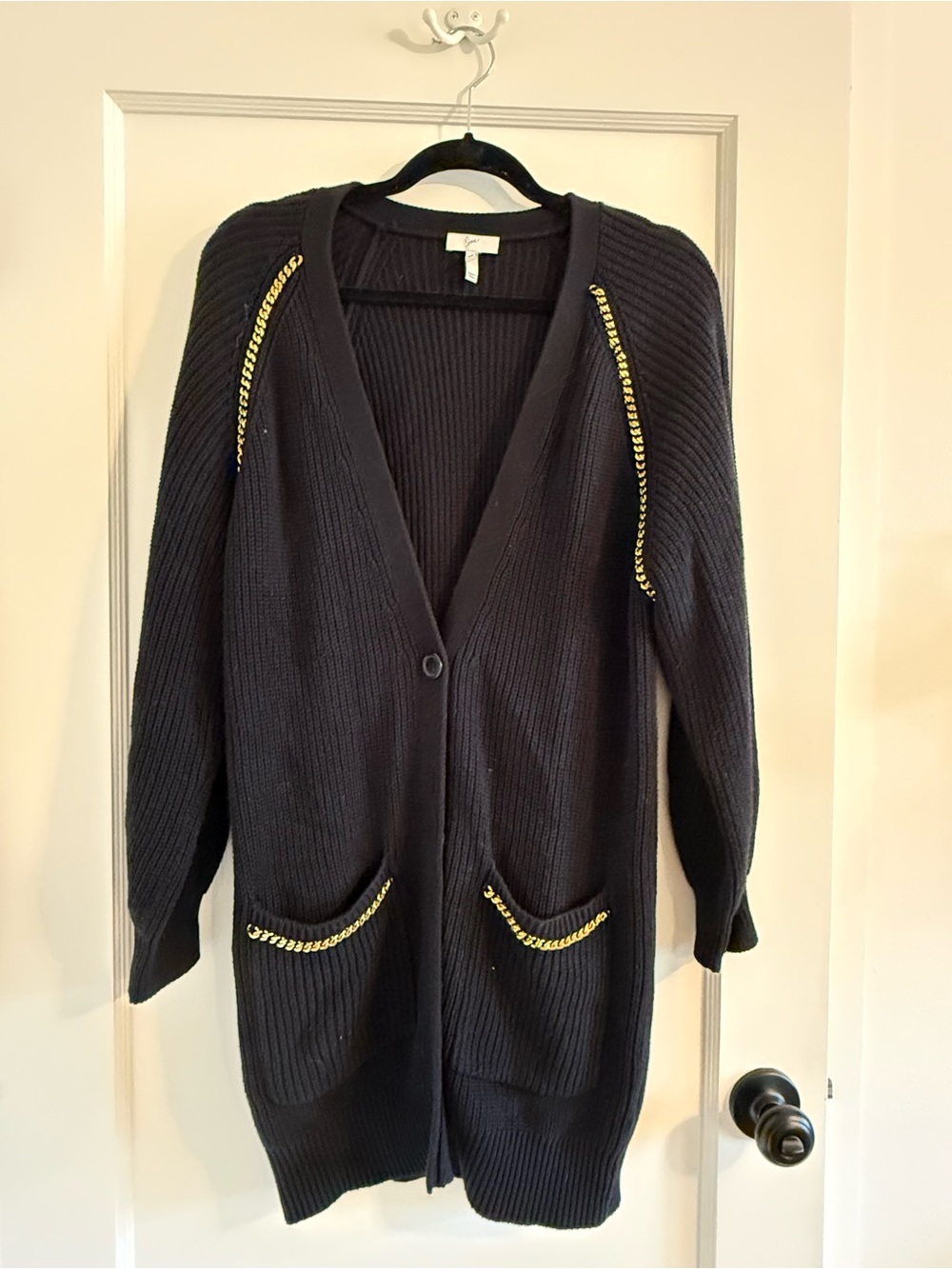 Joie Black Long Cardigan with Gold Chain Trim